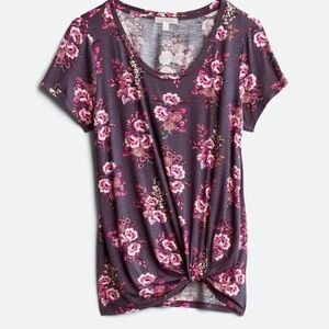 Nine Britton Floral V-Neck Knot Tee - Purple and Pink